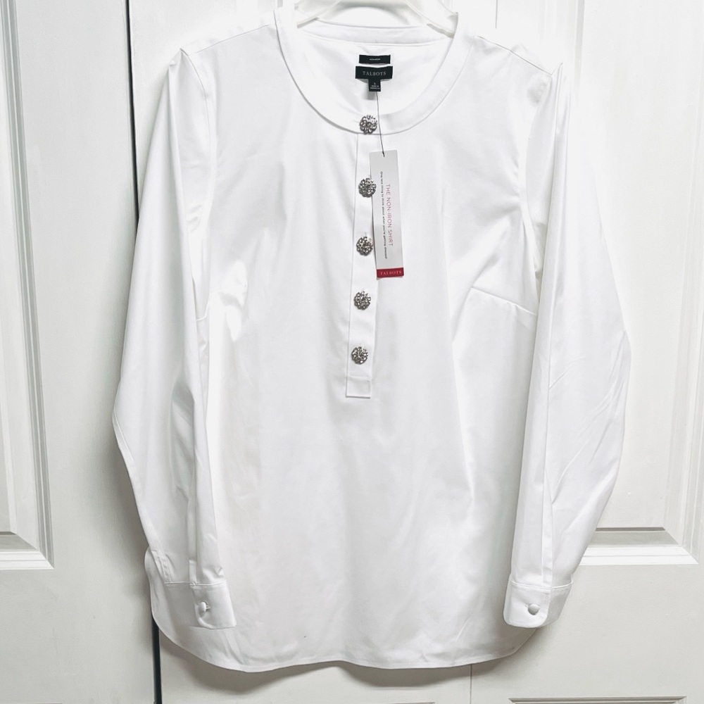 Talbots White Rhinestone Buttons Long Sleeve Blouse Size S NWT